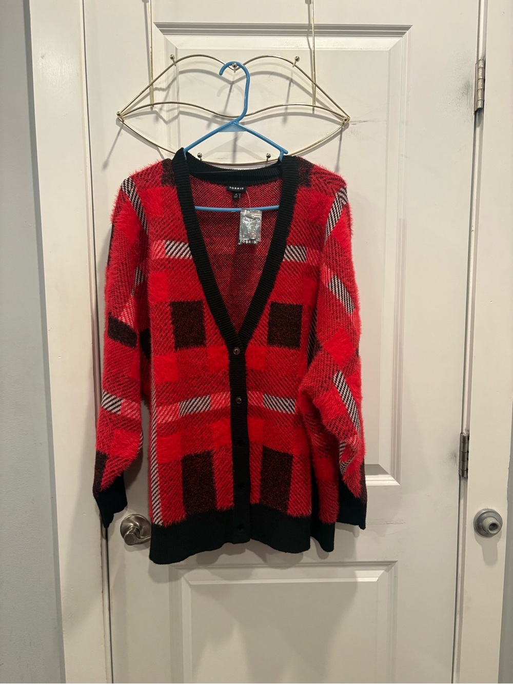 torrid Red Plaid V-Neck Button Cardigan with Black Trim